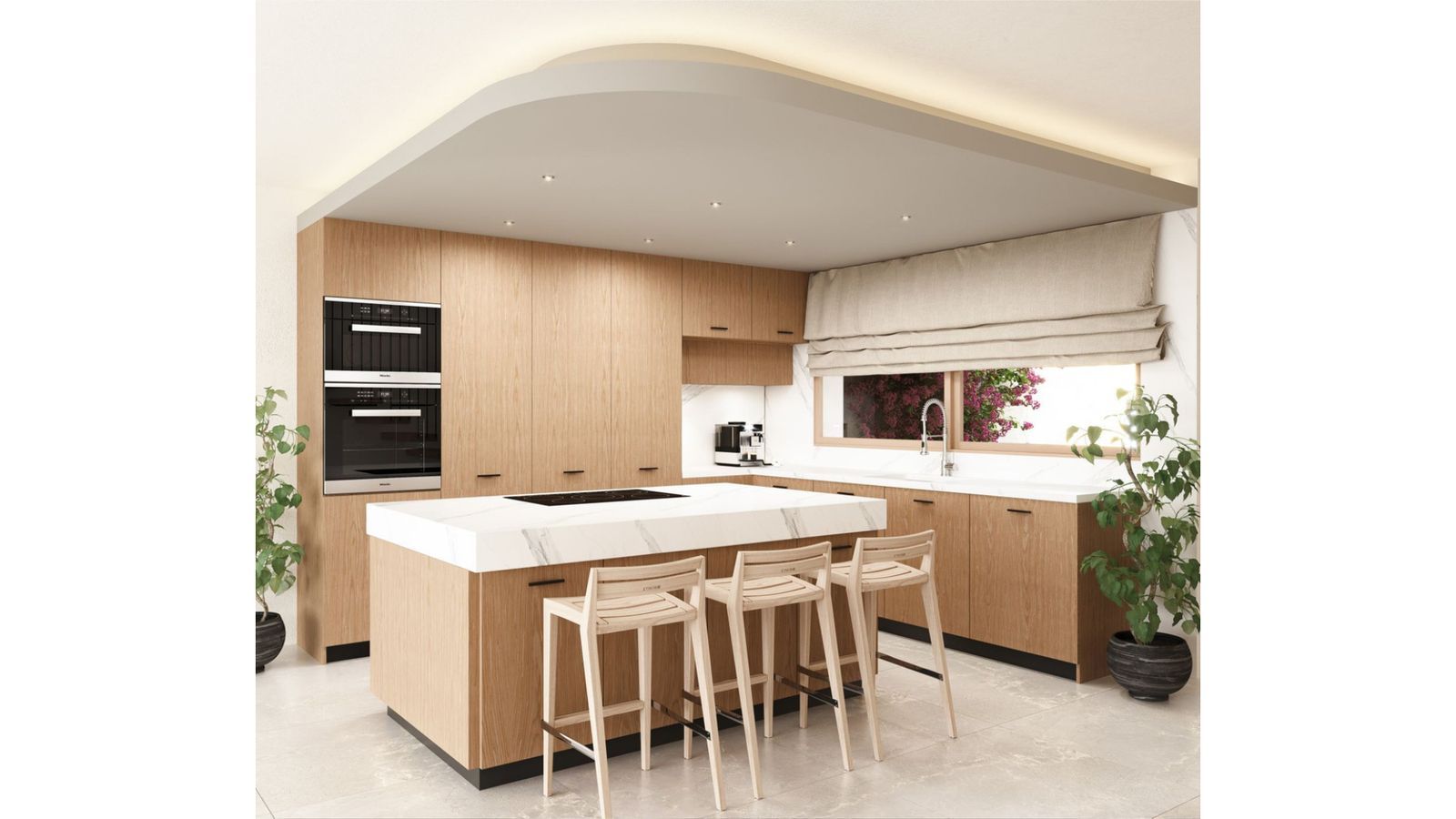 Moderne keuken met eiland, marmeren blad en houten krukken